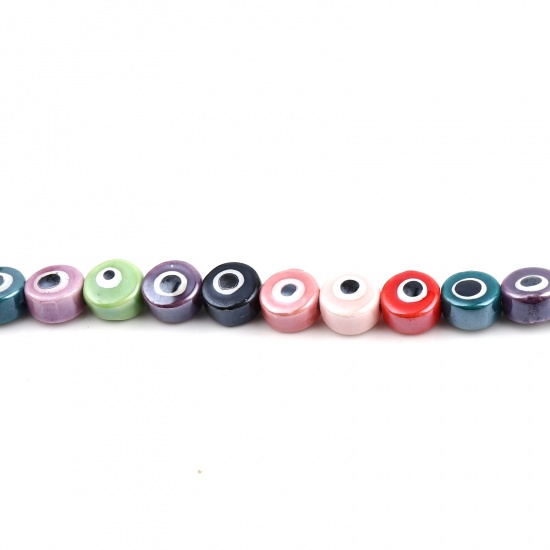 Picture of Ceramic Religious Beads Flat Round At Random Color Evil Eye About 10.5mm Dia, Hole: Approx 2.2mm, 31cm(12 2/8") long, 1 Strand (Approx 30 PCs/Strand)