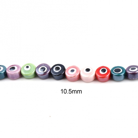 Picture of Ceramic Religious Beads Flat Round At Random Color Evil Eye About 10.5mm Dia, Hole: Approx 2.2mm, 31cm(12 2/8") long, 1 Strand (Approx 30 PCs/Strand)