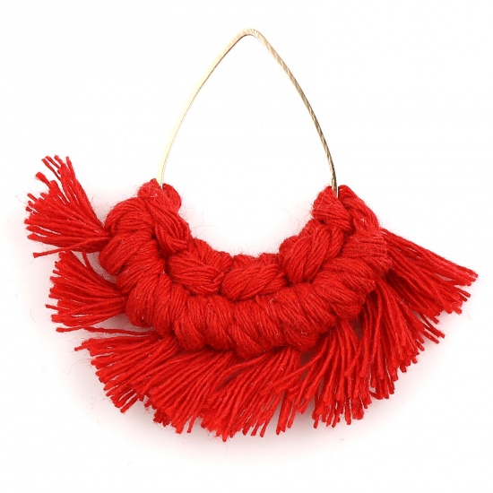 Picture of Zinc Based Alloy & Polyester Tassel Pendants Fan-shaped Gold Plated Red Drop 55mm x 55mm - 53mm x 50mm, 2 PCs