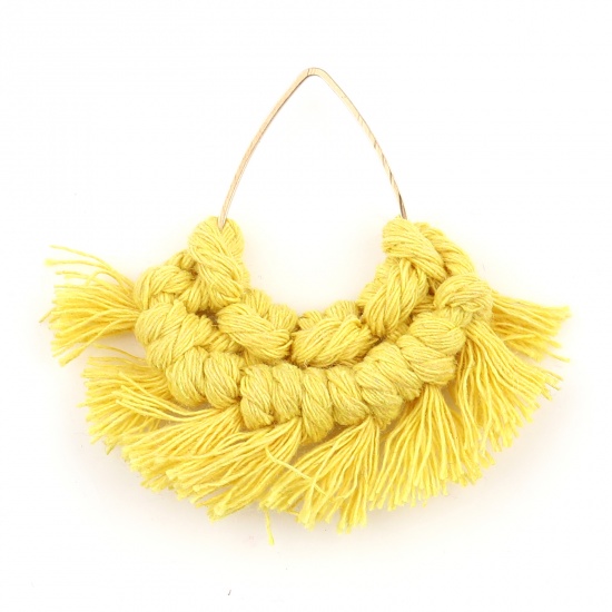 Picture of Zinc Based Alloy & Polyester Tassel Pendants Fan-shaped Gold Plated Yellow Drop 55mm x 55mm - 53mm x 50mm, 2 PCs