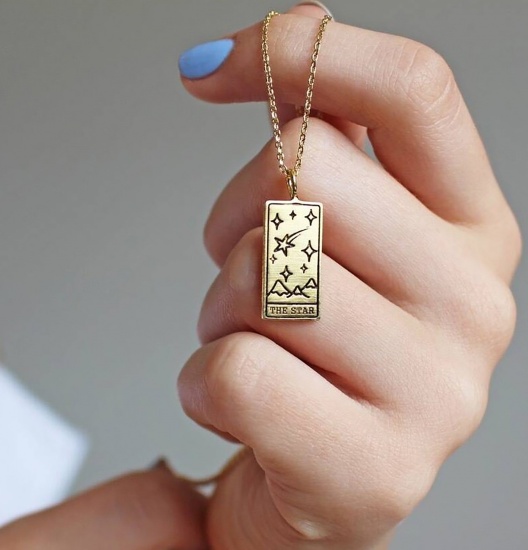 Picture of Stainless Steel Tarot Necklace Gold Plated Rectangle Message " STAR " 45cm(17 6/8") long, 1 Piece