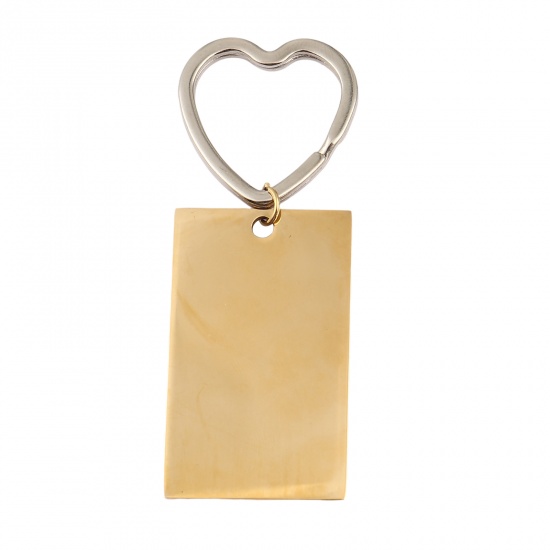 Picture of Stainless Steel Blank Stamping Tags Keychain & Keyring Gold Plated Rectangle Heart One-sided Polishing 82mm, 1 Piece