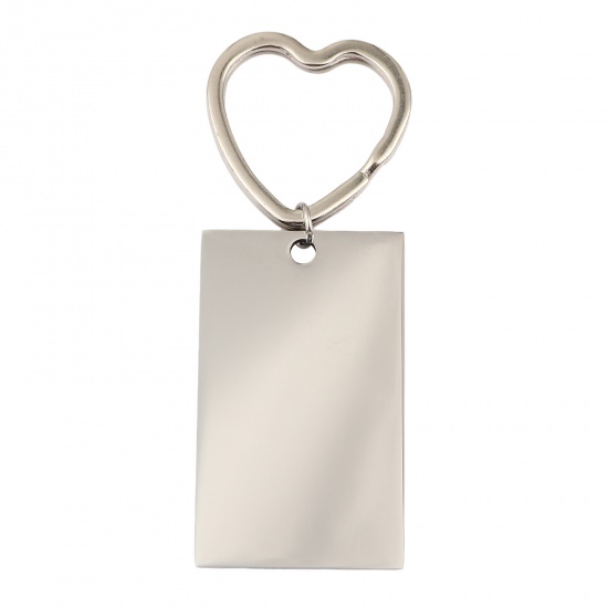 Picture of Stainless Steel Blank Stamping Tags Keychain & Keyring Silver Tone Rectangle Heart One-sided Polishing 82mm, 1 Piece