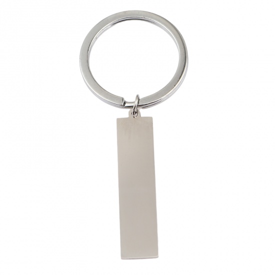 Picture of Stainless Steel Blank Stamping Tags Keychain & Keyring Silver Tone Circle Ring Rectangle One-sided Polishing 7cm, 1 Piece