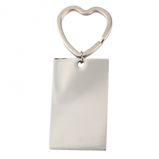 Picture of Stainless Steel Pet Memorial Blank Stamping Tags Keychain & Keyring Silver Tone Heart Rectangle One-sided Polishing 82mm, 1 Piece