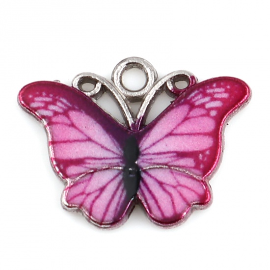 Picture of Zinc Based Alloy Insect Charms Butterfly Animal Silver Tone Pale Lilac Enamel 18mm x 14mm, 1 Packet ( 10 PCs/Packet)