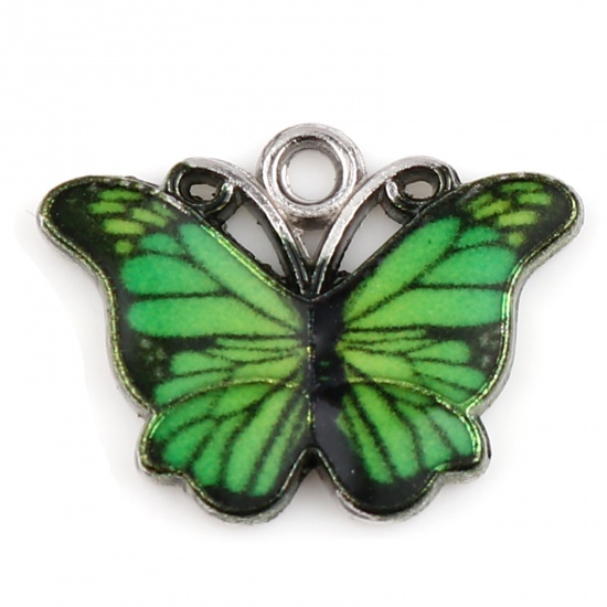 Image de Breloques Insecte en Alliage de Zinc Papillon Argent Mat Vert Émail 18mm x 14mm, 1 Paquet ( 10 Pcs/Paquet)