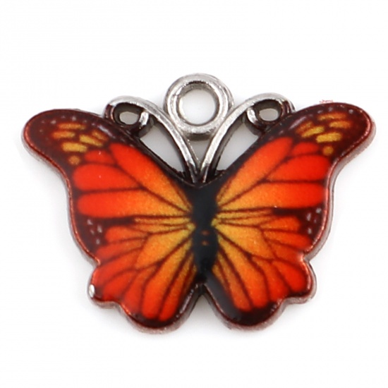 Picture of Zinc Based Alloy Insect Charms Butterfly Animal Silver Tone Orange Enamel 18mm x 14mm, 1 Packet ( 10 PCs/Packet)