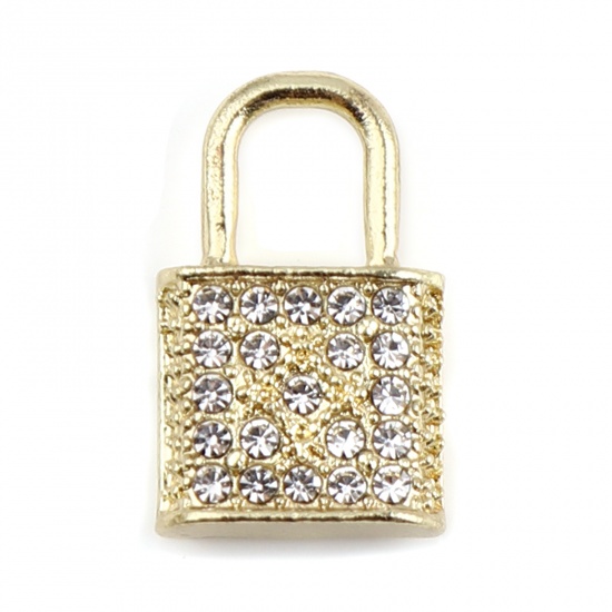 Picture of Zinc Based Alloy Charms Lock Gold Plated Clear Rhinestone 18mm x 11mm, 2 PCs