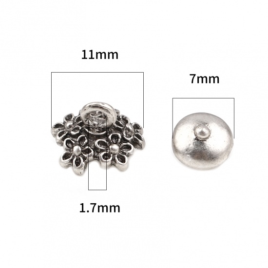 Picture of Zinc Based Alloy Beads Caps Round Antique Silver Color Flower (Fit Beads Size: 12mm Dia.) 7mm Dia, 11mm x 9mm, 10 Sets ( 2 PCs/Set)