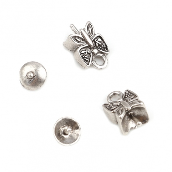 Picture of Zinc Based Alloy Insect Beads Caps Round Antique Silver Color Butterfly (Fit Beads Size: 14mm Dia.) 7mm Dia, 13mm x 8mm, 10 Sets ( 2 PCs/Set)