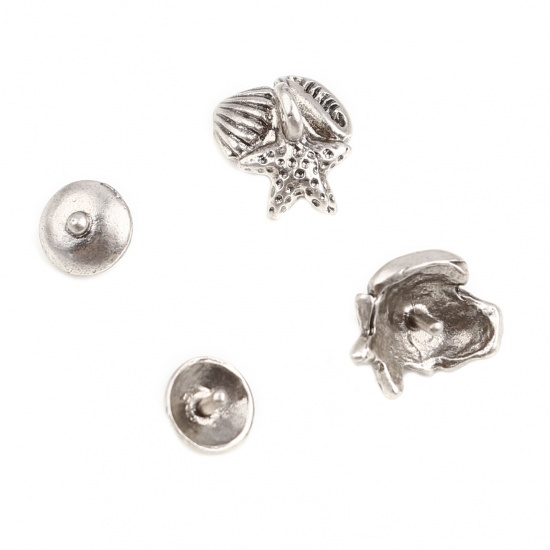 Picture of Zinc Based Alloy Ocean Jewelry Beads Caps Round Antique Silver Color Star Fish (Fit Beads Size: 12mm Dia.) 7mm Dia, 12mm x 9mm, 10 Sets ( 2 PCs/Set)