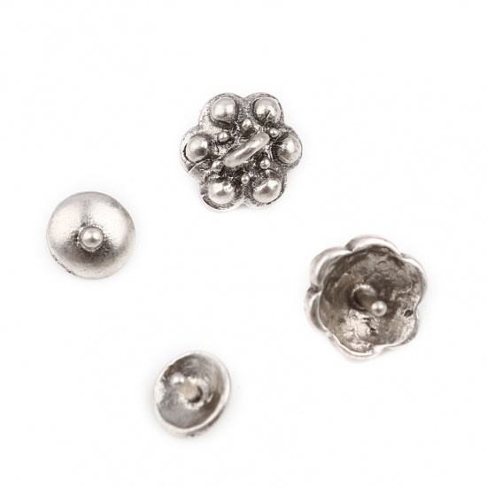 Picture of Zinc Based Alloy Beads Caps Round Antique Silver Color Flower (Fit Beads Size: 10mm Dia.) 7mm Dia, 10mm x 9mm, 10 Sets ( 2 PCs/Set)