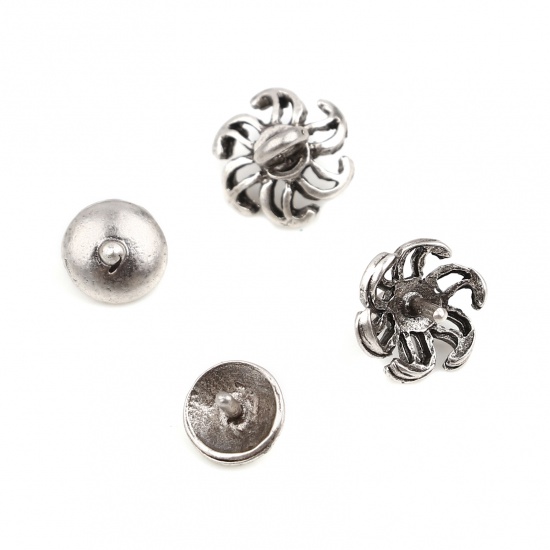 Picture of Zinc Based Alloy Beads Caps Round Antique Silver Color Flower (Fit Beads Size: 10mm Dia.) 7mm Dia, 10mm x 8mm, 10 Sets ( 2 PCs/Set)