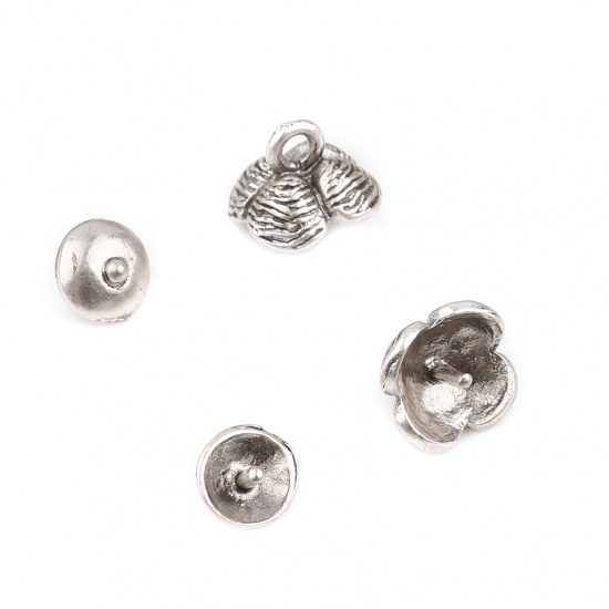 Picture of Zinc Based Alloy Beads Caps Round Antique Silver Color Flower (Fit Beads Size: 10mm Dia.) 7mm Dia, 10mm x 9mm, 10 Sets ( 2 PCs/Set)