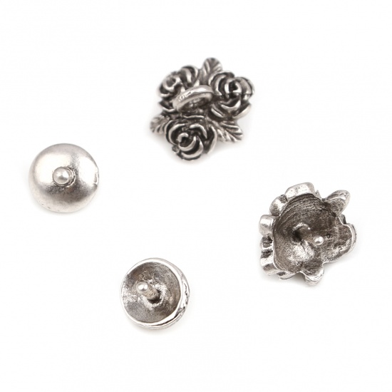 Picture of Zinc Based Alloy Beads Caps Round Antique Silver Color Flower (Fit Beads Size: 12mm Dia.) 7mm Dia, 11mm x 9mm, 10 Sets ( 2 PCs/Set)