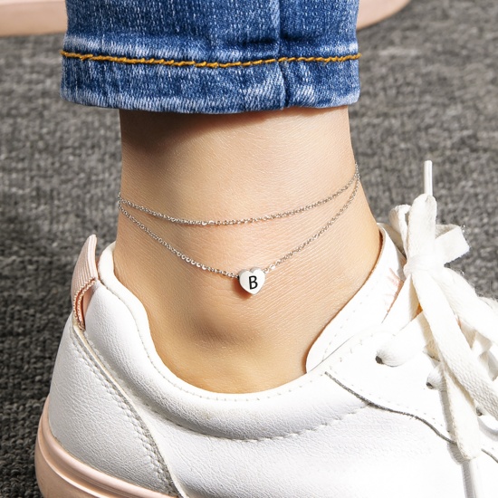 Picture of Stainless Steel Multilayer Layered Anklet Silver Tone Heart Initial Alphabet/ Capital Letter Message " B " 18.5cm(7 2/8") long long, 1 Piece