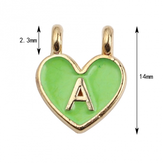 Picture of Zinc Based Alloy Charms Heart Gold Plated Green Initial Alphabet/ Capital Letter Message " A " Enamel 14mm x 11mm, 10 PCs