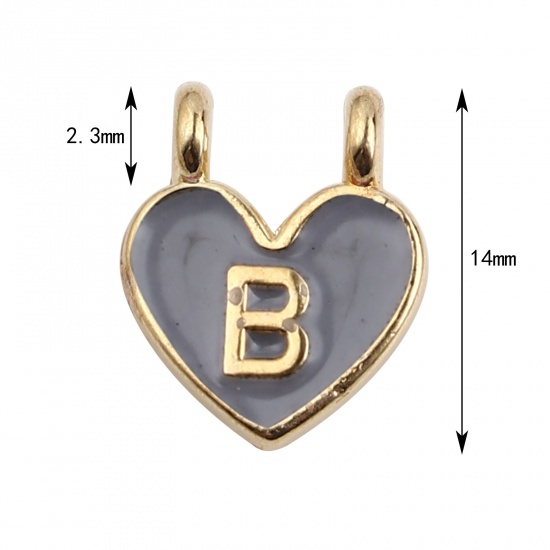 Picture of Zinc Based Alloy Charms Heart Gold Plated Gray Initial Alphabet/ Capital Letter Message " B " Enamel 14mm x 11mm, 10 PCs