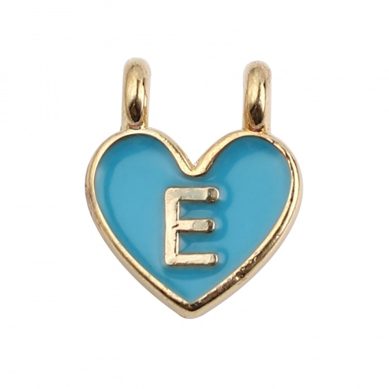 Immagine di Lega di Zinco Charms Cuore Oro Placcato Blu Lettera Maiuscola Lettere " E " Smalto 14mm x 11mm , 10 Pz