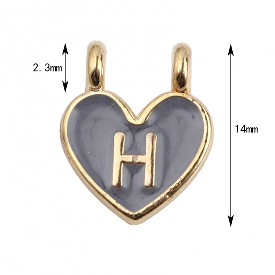 Picture of Zinc Based Alloy Charms Heart Gold Plated Gray Initial Alphabet/ Capital Letter Message " H " Enamel 14mm x 11mm, 10 PCs