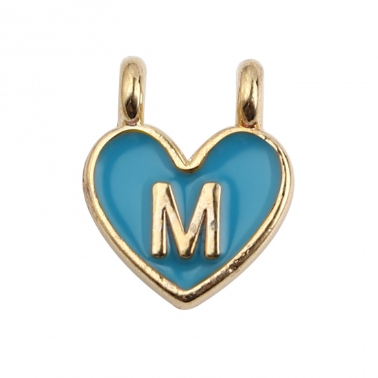 Picture of Zinc Based Alloy Charms Heart Gold Plated Light Blue Initial Alphabet/ Capital Letter Message " M " Enamel 14mm x 11mm, 10 PCs