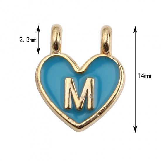 Picture of Zinc Based Alloy Charms Heart Gold Plated Light Blue Initial Alphabet/ Capital Letter Message " M " Enamel 14mm x 11mm, 10 PCs