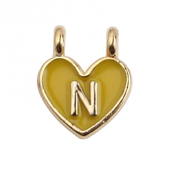 Picture of Zinc Based Alloy Charms Heart Gold Plated Yellow Initial Alphabet/ Capital Letter Message " N " Enamel 14mm x 11mm, 10 PCs