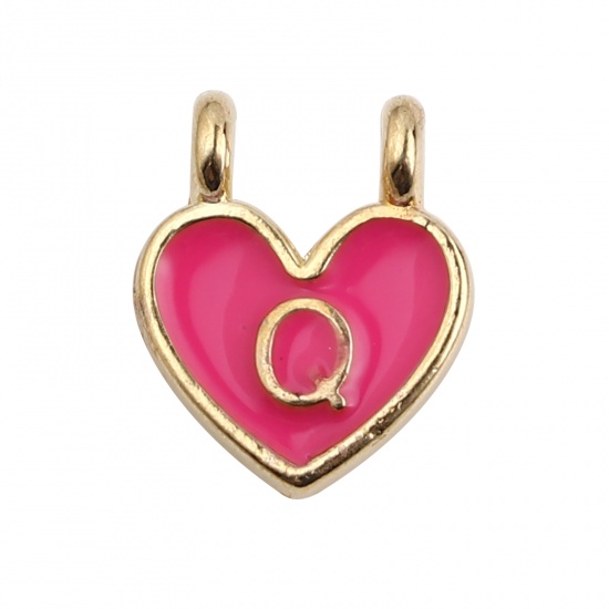 Picture of Zinc Based Alloy Charms Heart Gold Plated Neon Pink Initial Alphabet/ Capital Letter Message " Q " Enamel 14mm x 11mm, 10 PCs