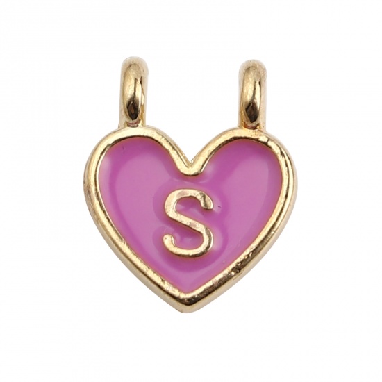 Picture of Zinc Based Alloy Charms Heart Gold Plated Pale Lilac Initial Alphabet/ Capital Letter Message " S " Enamel 14mm x 11mm, 10 PCs