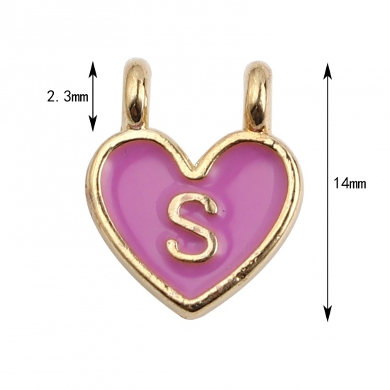 Picture of Zinc Based Alloy Charms Heart Gold Plated Pale Lilac Initial Alphabet/ Capital Letter Message " S " Enamel 14mm x 11mm, 10 PCs