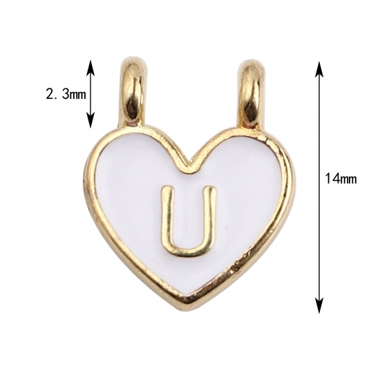 Picture of Zinc Based Alloy Charms Heart Gold Plated White Initial Alphabet/ Capital Letter Message " U " Enamel 14mm x 11mm, 10 PCs