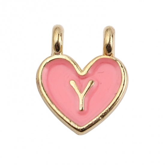 Picture of Zinc Based Alloy Charms Heart Gold Plated Pink Initial Alphabet/ Capital Letter Message " Y " Enamel 14mm x 11mm, 10 PCs