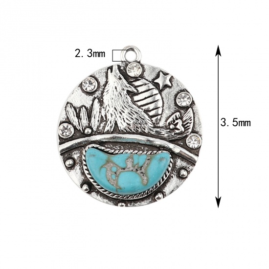 Picture of Zinc Based Alloy & Acrylic Boho Chic Bohemia Pendants Round Antique Silver Color Blue Wolf Imitation Turquoise Clear Rhinestone 35mm x 30mm, 2 PCs