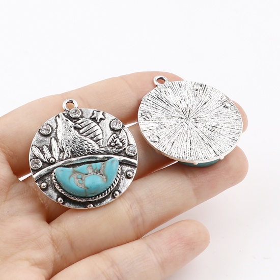 Picture of Zinc Based Alloy & Acrylic Boho Chic Bohemia Pendants Round Antique Silver Color Blue Wolf Imitation Turquoise Clear Rhinestone 35mm x 30mm, 2 PCs