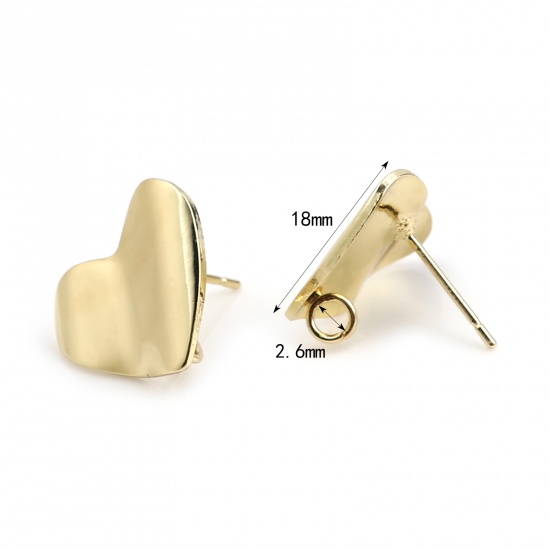 Picture of Ear Post Stud Earrings Findings Heart Golden W/ Loop 18mm x 15mm, Post/ Wire Size: (21 gauge), 4 PCs