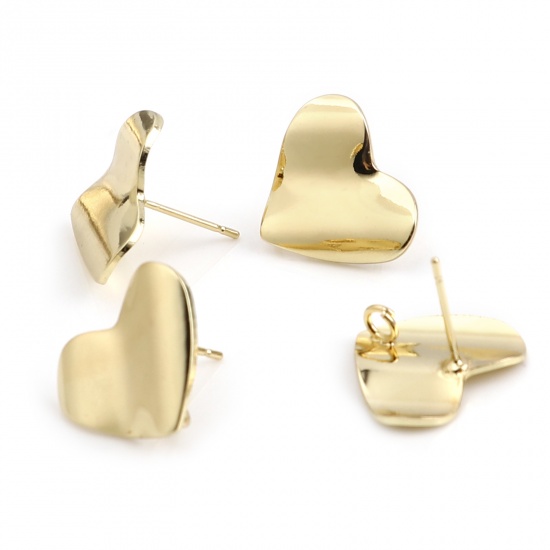 Picture of Ear Post Stud Earrings Findings Heart Golden W/ Loop 18mm x 15mm, Post/ Wire Size: (21 gauge), 4 PCs