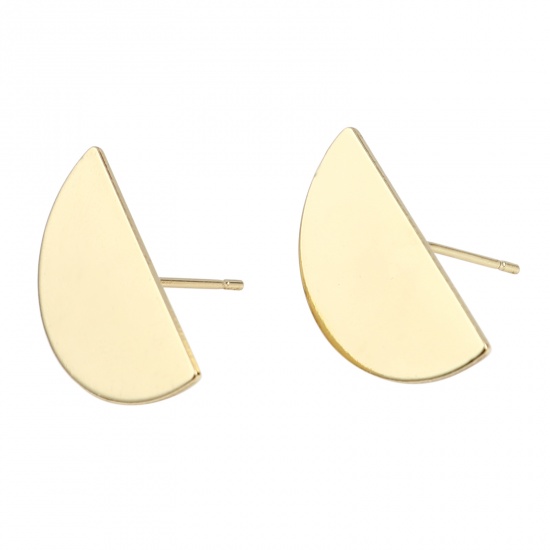 Picture of Ear Post Stud Earrings Findings Half Round Golden W/ Loop 21mm x 10mm, Post/ Wire Size: (21 gauge), 4 PCs
