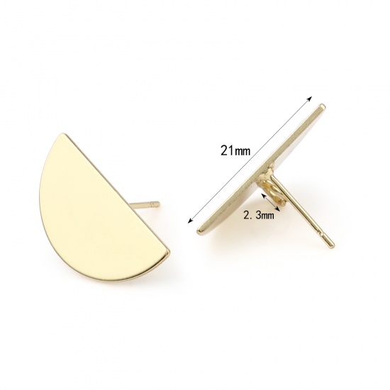 Picture of Ear Post Stud Earrings Findings Half Round Golden W/ Loop 21mm x 10mm, Post/ Wire Size: (21 gauge), 4 PCs
