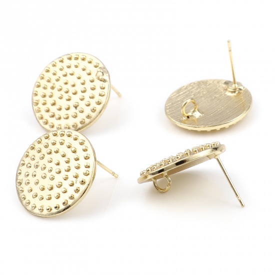 Picture of Ear Post Stud Earrings Findings Round Golden Dot W/ Loop 19mm Dia., Post/ Wire Size: (21 gauge), 4 PCs