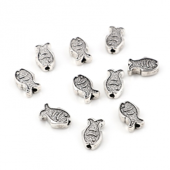 Picture of Zinc Based Alloy Ocean Jewelry Spacer Beads Fish Animal Antique Silver Color About 12mm x 8mm, Hole: Approx 1.8mm, 30 PCs