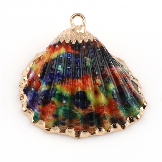 Picture of Natural Shell Pendants Gold Plated Scallop Multicolor Dyed 33mm x 30mm - 21mm x 19mm, 5 PCs
