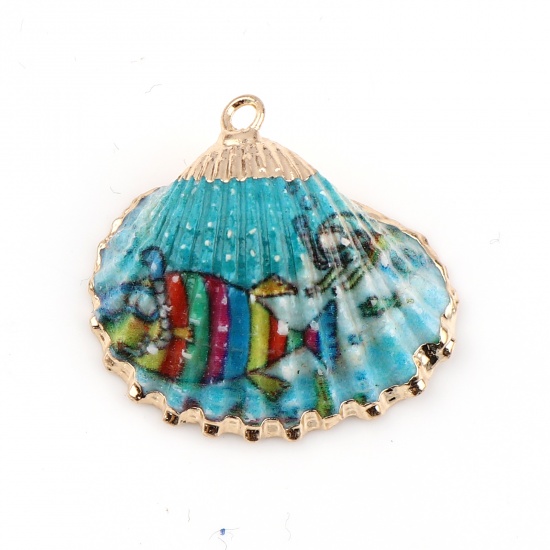 Picture of Natural Shell Pendants Gold Plated Scallop Light Blue Dyed 33mm x 30mm - 21mm x 19mm, 5 PCs