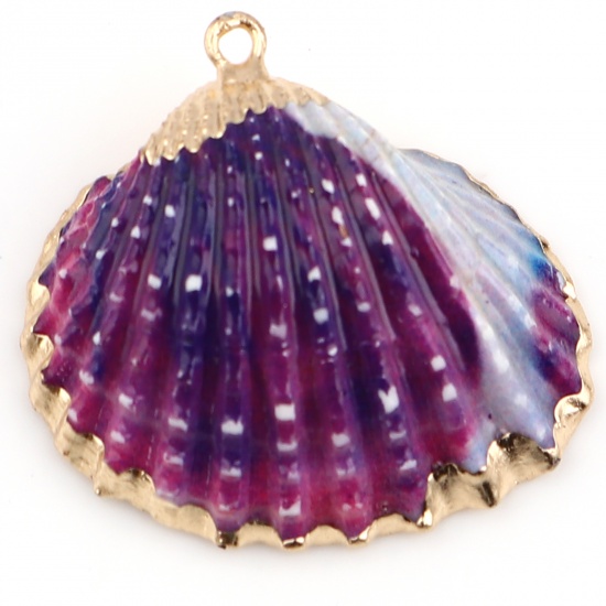 Picture of Natural Shell Pendants Gold Plated Scallop Purple Dyed 33mm x 30mm - 21mm x 19mm, 5 PCs