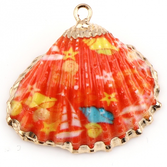 Picture of Natural Shell Pendants Gold Plated Scallop Orange Dyed 33mm x 30mm - 21mm x 19mm, 5 PCs