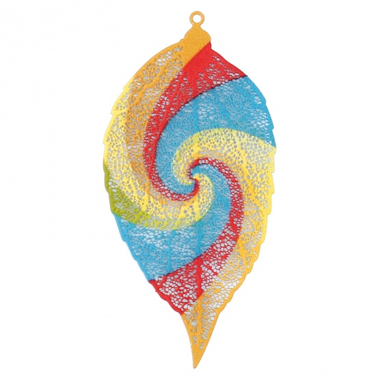 Picture of Iron Based Alloy Filigree Stamping Pendants Leaf Multicolor Swirl 78mm x 38mm, 5 PCs