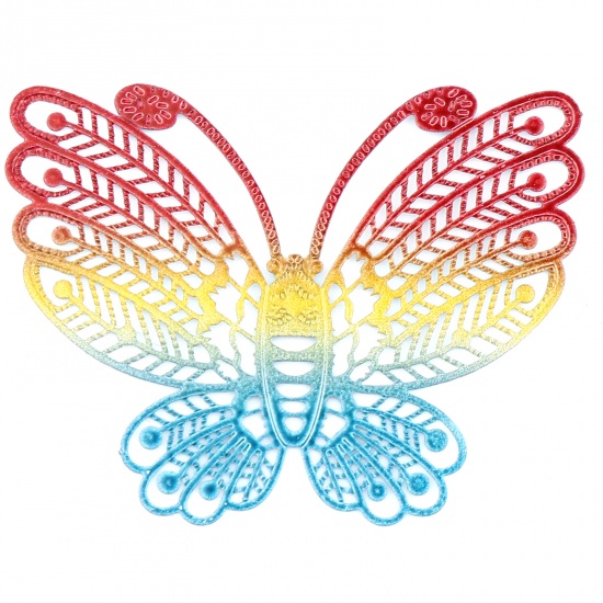 Picture of Iron Based Alloy Filigree Stamping Pendants Butterfly Animal Multicolor 48mm x 38mm, 5 PCs