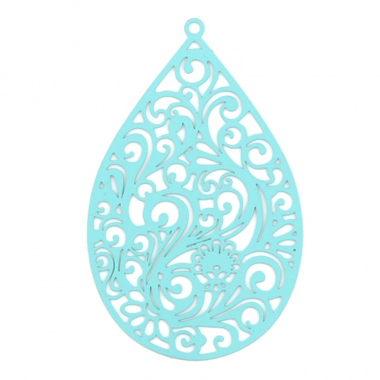 Picture of 5 PCs Iron Based Alloy Filigree Stamping Pendants Cyan Matte Drop Filigree Painted 55mm x 34mm
