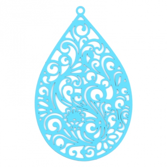 Picture of 5 PCs Iron Based Alloy Filigree Stamping Pendants Blue Matte Drop Filigree Painted 55mm x 34mm