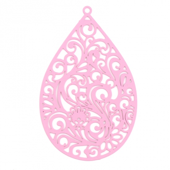 Picture of 5 PCs Iron Based Alloy Filigree Stamping Pendants Pink Matte Drop Filigree Painted 55mm x 34mm
